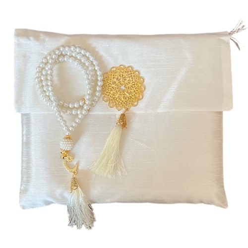 Muslim Prayer Rug and Beads with Elegant Slub Fabric Bag | Janamaz | Sajadah | Soft Islamic Prayer Rug | Islamic & Mawlid Gifts | Prayer Carpet Mat, Taffeta Fabric (White, 1 Sets) - color: White, size: 1 Sets