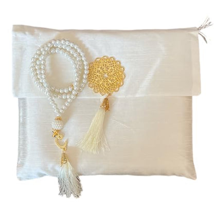 Muslim Prayer Rug and Beads with Elegant Slub Fabric Bag | Janamaz | Sajadah | Soft Islamic Prayer Rug | Islamic & Mawlid Gifts | Prayer Carpet Mat, Taffeta Fabric (White, 1 Sets) - color: White, size: 1 Sets