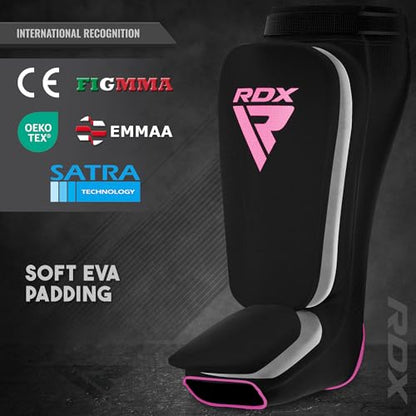 RDX Shin Guards Kickboxing Muay Thai, SATRA Approved, MMA Leg Instep Protection Pads, Sparring Training Martial Arts Boxing, Elasticated Padded Protector, Karate BJJ Taekwondo Gear, Men Women - color: Black Pink, size: Medium