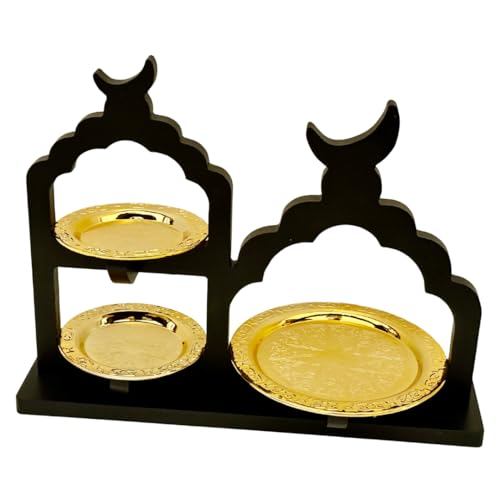 Traditional Kettle Style & Black Mosque Tray Set, MDF & Stainless Steel, Elegant Gold Plates for Ramadan Decor (Minar Masjid Black) - color: Minar Masjid Black