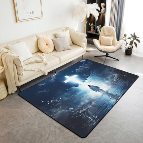 Manfei Western Kids Area Rug,God Walking on Water Spiritual Indoor Floor Mat Entrance Rug for Girls Boys,Biblical Divine Light Non Slip Rug,Dark Blue Couch Living Room Decor,3'x5' - color: A-dark Blue, size: 3'3" x 4'11" (Rectangular)