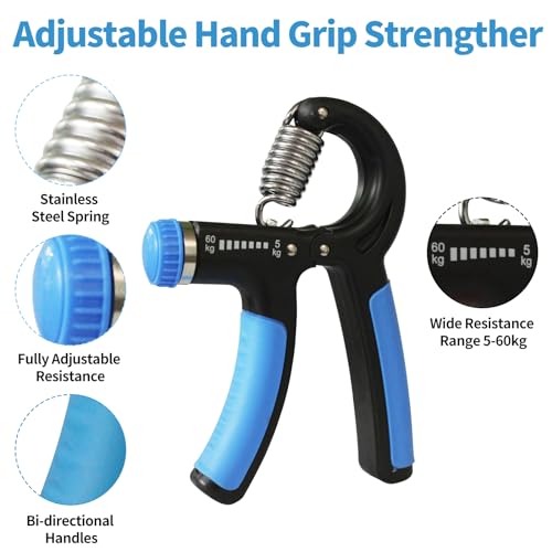Grip Strength Trainer, Hand Gripper Strengthener with Adjustable Resistance 11-132 Lbs (5-60kg), Forearm Strengthener with Non-Slip Gripper for Muscle Building and Injury Recover (Blue)