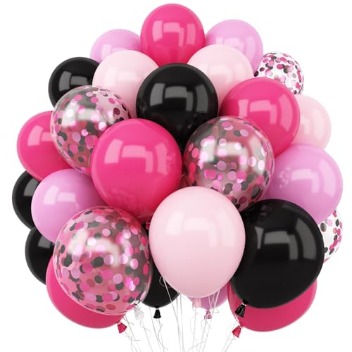 Pink and Black Balloons, 12 Inch Hot Pink Black Balloon with Confetti Balloons for Girls Women Birthday Baby Bridal Shower Wedding Theme Party Decoration - color: Hot Pink Black