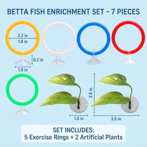 7 Piece Betta Fish Tank Accessories and Toys, Betta Enrichment Set with Exercise Rings and Plants, Mental Stimulation and Stress Reduction for Betta Fish, Betta Toys