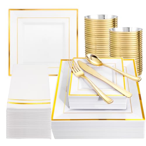 Festiva 350Pcs Gold Plastic Plates - Disposable Square Gold Plates Dinnerware set include 9.5"/6" Plates,Cups,Plastic Cutlery,Hand Napkins Perfect for 50 guests Party&Birthday&Wedding - color: Square Gold, size: 50 Guests