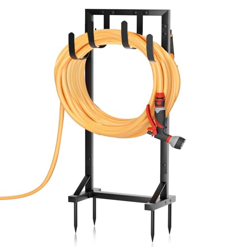 Heavy-Duty Garden Hose Holder with Stable Base and Tool Hooks, Freestanding Metal Hose Hanger Garden Hose Storage Holds 151Ft Hose, Rustproof Water Hose Holder for Outside Yard Lawn, Black - color: All Black