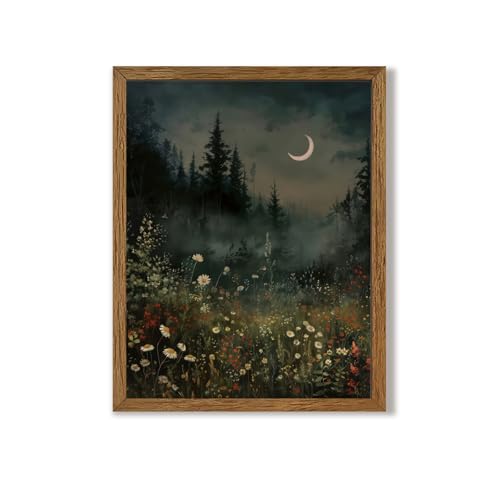 Urmoya Vintage Gothic Moonlit Forest Nature Flowers Wall Art, 8x10 Inch - color: Moonlit, size: 10"L x 8"W