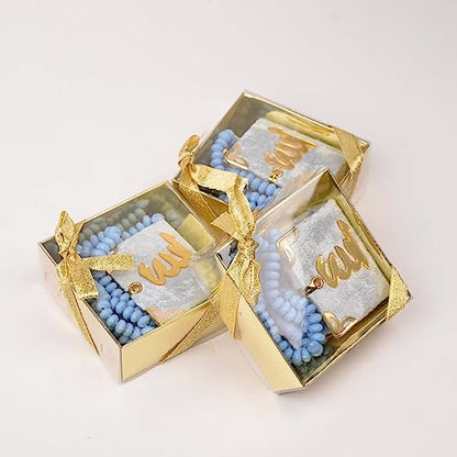 BABY SHOWER CHOCOLATE Set of 10 Islam Quran Tasbeeh Islamic Set | Holy Quran Prayer Beads Gift Box Favor (Blue) - color: Blue
