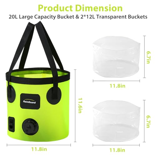 Collapsible Bucket with Handle, 5.3 Gallon Water Container, Green | Folding Water Bucket, Fast-flow, Portable, with 2 Clear Wash Basin, for Camping Fishing Travelling Outdoor Gardening