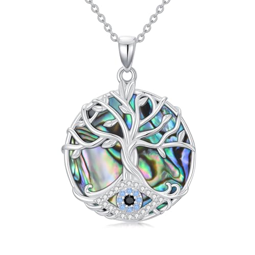 WINNICACA Sterling Silver Evil Eye Necklace Protection Crystal Pendant for Women Good Luck Vintage Evil Eye Pendant Jewelry Birthday Gifts for Women Friend Female - style: C03-Tree of Life Evil Eye -Abalone shell