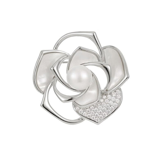 Stunning 14K Gold Moissanite Camellia Brooch，With Openwork Design and Pearl Embellishments ，Ideal Shawl Buckle Accessory & Beautiful Gift - color: White Gold