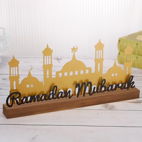 Enlarged 15.7in Ramadan Table Sign - Metal Eid Mubarak Tabletop Decorations, Muslim Golden Palace Dinner Ornaments for Islamic Gifts Parties Home Kitchen, Black Letters - style: Black Letters