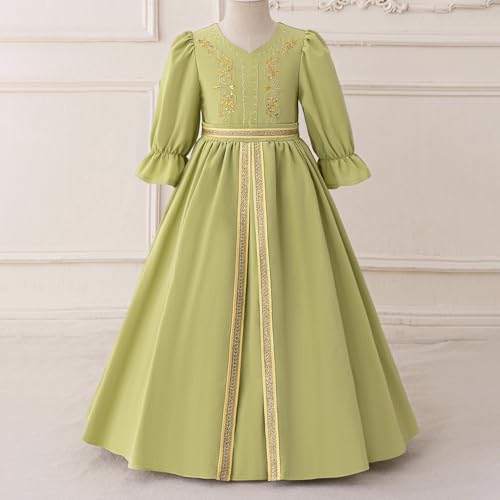 Toddler Girls Muslim Abaya Dress Islamic Dubai Modest Lace Belted Dress Abayas Kaftan Eid Prayer Clothes Arabian Maxi Robe - color: Light Green-d, size: 6-7 Years