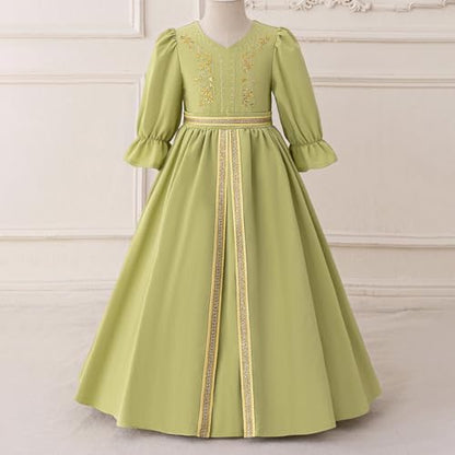 Toddler Girls Muslim Abaya Dress Islamic Dubai Modest Lace Belted Dress Abayas Kaftan Eid Prayer Clothes Arabian Maxi Robe - color: Light Green-d, size: 4-5T