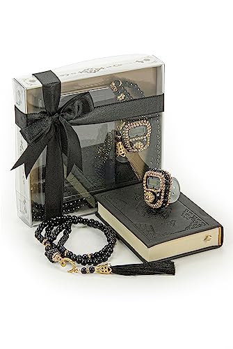 İhvan Online Medina Calligraphy Quran Set with Islamic Finger Counter, Portable Digital Prayer Tasbeeh, Pearl Zikirmatic Beads, 3 Pieces Gift for Ramadan & Eid & Mawlid (Black) - color: Black
