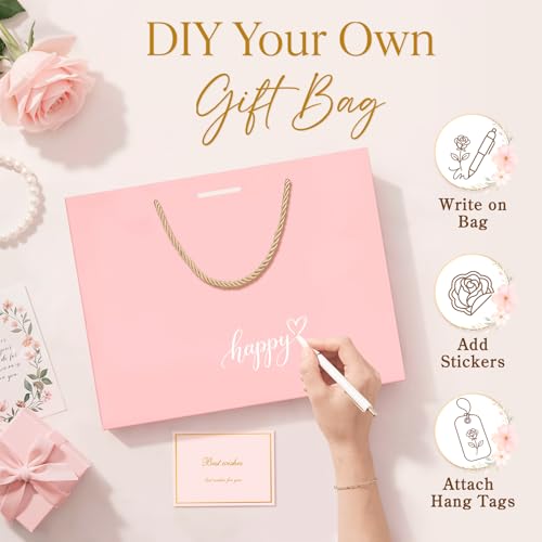 ANZNKU 2PCS Pink Gift Bags for Women, Cute Medium Gift Bags with Handles 4 Tissue Paper 2 Ribbons 2 Cards for Her Wedding Graduation Birthday Engagement Bridal & Baby Shower Party Favors Gifts Wrap - color: Elegant Pink