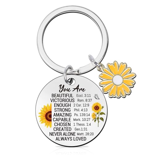 Christian Gifts Keychain for Women, Inspirational Bible Verse Religious Faith Gift for Girls Sister Mum Friend - color: Round Shape Sunflower Charm 01