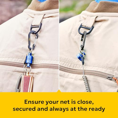 SF Strongest Magnetic Net Release Magnetic Keychain Fly Fishing Net Retractor Magnet Clip Holder Retractor with Retractable Coiled Lanyard Carabiner - color: Blue Magnet+ Black Aluminum Alloy Hook