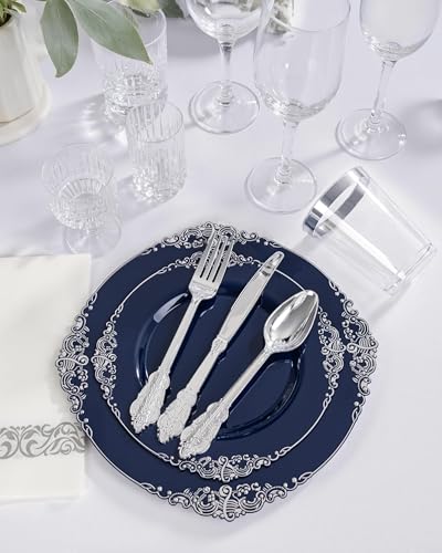 Hioasis 175pcs Blue and Silver Plastic Plates - Elegant Disposable Dinnerware Set Suitable for 25 Guests Include 10.25" Dinner & 7.5" Dessert Plates, Cutlery, Napkins, Cups for Party & Wedding - color: Blue and Silver