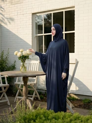 Women's Solid Muslim One-Piece Prayer Dress Abaya Kaftan with Hijab Full Length Dress - color: Navy