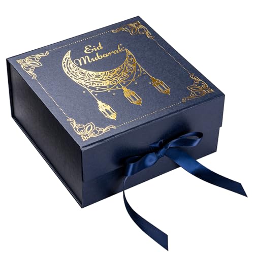 WRAPAHOLIC Eid Mubarak Gift Box with Satin Ribbon, 8x8x4 Inches Blue Collapsible Gift Box with Magnetic Closure for Eid Party, Ramadan, Gift Wrap, Storage