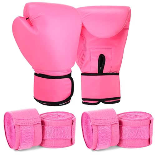Junkin 6 Pcs Boxing Set 1 Pair of 16oz Gloves and 4 Pcs 118 in Hand Wraps for Adult Boxing Training Shockproof Gloves Training Beginner Practice Muay Thai Kickboxing Gift - color: Hot Pink