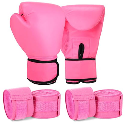 Junkin 6 Pcs Boxing Set 1 Pair of 16oz Gloves and 4 Pcs 118 in Hand Wraps for Adult Boxing Training Shockproof Gloves Training Beginner Practice Muay Thai Kickboxing Gift - color: Hot Pink
