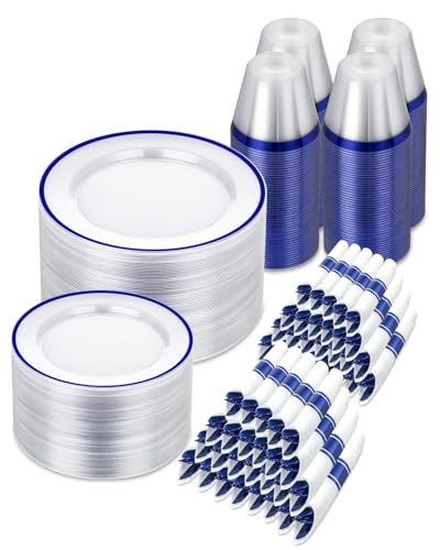 BESTSTAR 700PCS Clear and Blue Disposable Plastic Plates Set for 100 Guests - color: Blue, size: 700 Piece (100 guests)