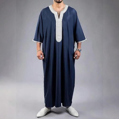 Mens Embroidery Moroccan Thobe Men Muslim Mogadishu Djellaba Robe Islamic Jubba Prayer Kaftan Islamic Arabic Abaya - color: Navy, size: XX-Large