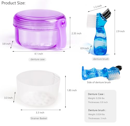 Leak Proof Purple Denture Cups for Soaking Dentures, Partial Denture Bath Case Travel Retainer Cleaning Container Case with Brush for Aligner, Denture, Mouth Guard - color: Transparent Purple