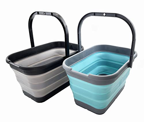 SAMMART 12L (3.1 Gallon) Collapsible Rectangular Handy Bucket/Multiuse Foldable Water Pail for Camping, Fishing (Alloy Grey + Crystal Blue (Set of 2)) - color: Alloy Grey + Crystal Blue (Set of 2)