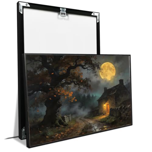 Rustic Autumn Moonlit Night Landscape Wall Art Dark Cottage Stone House Foggy Forest Tree Canvas Painting Poster Home Decor - color: Nature20, size: 8x12in Black Framed