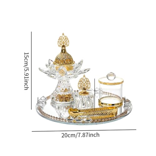 Generic Glass Incense Burner 5-Pieces Set Ramadan Decoration with Tray Storage Jar and Tongs Censer Arabian Incense Holder,Attractive Gold Incense Burner Set for Yoga SPA Desk Decor - style: Style D