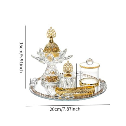 Generic Glass Incense Burner 5-Pieces Set Ramadan Decoration with Tray Storage Jar and Tongs Censer Arabian Incense Holder,Attractive Gold Incense Burner Set for Yoga SPA Desk Decor - style: Style D