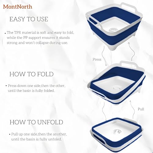 Collapsible Wash Basin 9L, Foldable Dish Tub with Drain Plug, Portable Collapsible Dish Basin, Camping Sink for Washing Dishes, Laundry & Kitchen Use (Navy Blue) - color: Navy blue - Set of 1