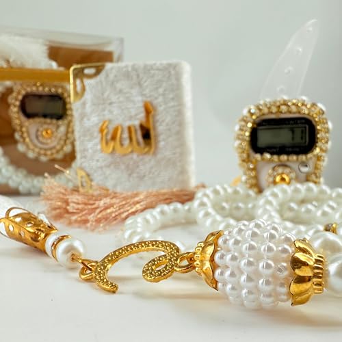 BABY SHOWER CHOCOLATE Islamic Gift Set (Pack of 6) - Digital Tasbih Counter, Mini Quran and Prayer Beads in Elegant Gift Box - Muslim Gift for All Occasions (White)