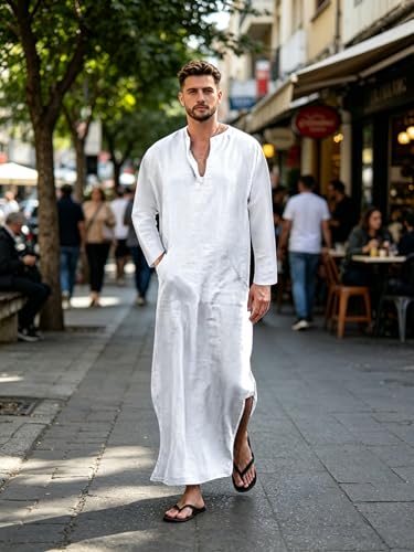 Jacansi Men's 65% Cotton 35% Linen Kaftan Thobe, Long Sleeve Casual Arabic Robe, Loose Long Gown with Pockets - color: White #1, size: Large