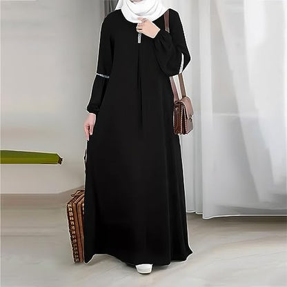 GOKKILRW Womens Solid Color Abaya Maxi Dress Modest Muslim Prayer Robe Long Sleeve Dubai Long Dress Islamic Lightweight Dress - color: Black, size: Medium