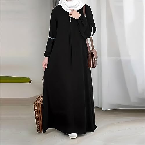 GOKKILRW Womens Solid Color Abaya Maxi Dress Modest Muslim Prayer Robe Long Sleeve Dubai Long Dress Islamic Lightweight Dress - color: Black, size: Small