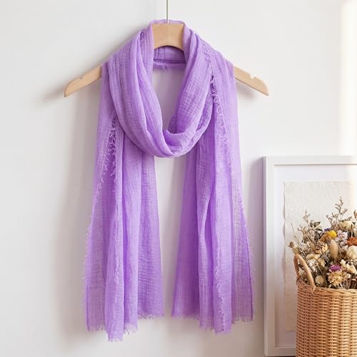 Nydotd Women Summer Cotton Linen Scarf Crinkle Long Beach Shawl Wrap hijab with Fringe - color: Light Purple
