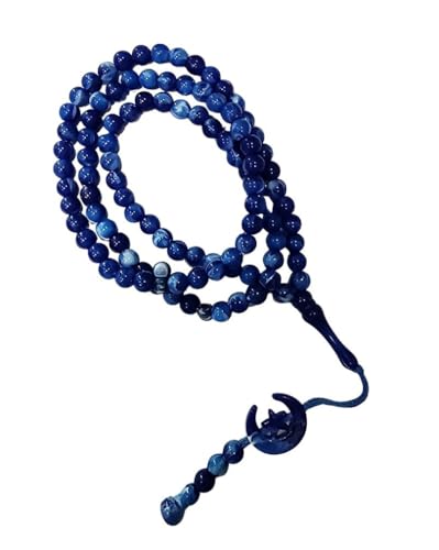 Islam Prayer Tasbih 99 Beads AMN-303 Muslim 8 mm. Rosary Bead Moon Star Decorated Tassels Haj Eid Ramadan Gift (Blue) - color: Blue