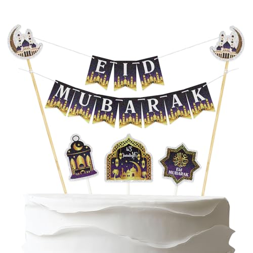 6pcs Eid Mubarak Cake Topper Banner,Pre-Strung Umrah Mubarak Party Cake Decor & Cupcake Picks,Mubarak Eid Kareem Muslim Party Supplies - color: Eid Mubarak