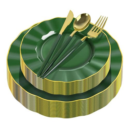 150Pcs Plastic Plates with Gold Rim,Heavy Duty Green Plates for 30 Guests,Plastic Dinnerware Set Include 30 Dinner Plate,30 Dessert Plate,90 Gold Cutlery Set for Party (Green) - color: Green