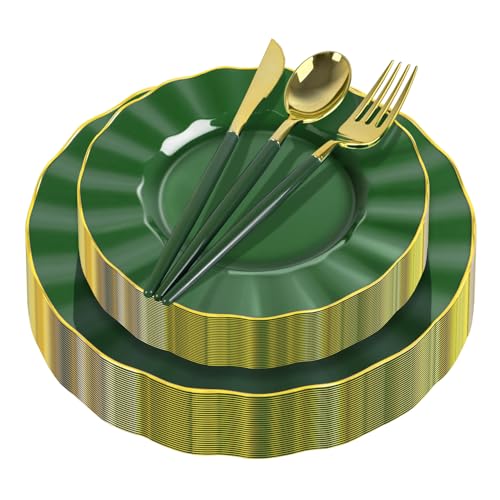 150Pcs Plastic Plates with Gold Rim,Heavy Duty Green Plates for 30 Guests,Plastic Dinnerware Set Include 30 Dinner Plate,30 Dessert Plate,90 Gold Cutlery Set for Party (Green) - color: Green