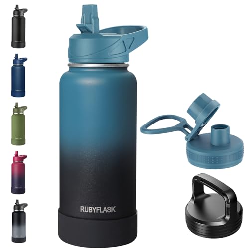 RUBYFLASK 32 oz Insulated Stainless Steel Water Bottle with Straw | 3 Lids, Wide Mouth, Metal Vacuum Leakproof Water Jug Flask and Handle, Large Thermal Cup with Silicone Boot, Indigoblack - color: Indigo Black, size: 32 Ounces