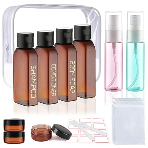 Cosywell Travel Bottles for Toiletries 14 Pack 2oz TSA Approved Travel Size Containers Leak Proof Toiletry Bottles Refillable Small Plastic Squeeze Bottles for Shampoo Cream Lotion(Brown) - color: Brown