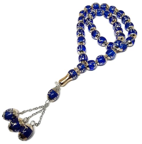 Muslim Tasbih Prayer Beads 33 Rosary AMN-445 Islam Prayer dhikr Misbaha with Allah Muhammad Arabic Names Printed Islamic Religion Eid Ramadan Gift - color: Blue