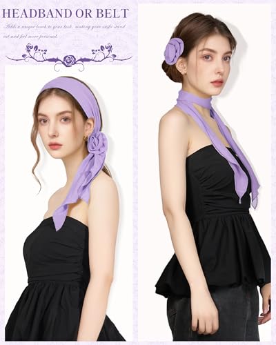 Chiffon Scarf for Women, Removable Flower Neck Scarf Light Soft Fashion Rose Scarves Versatile Headband or Hair Band - color: Light Purple
