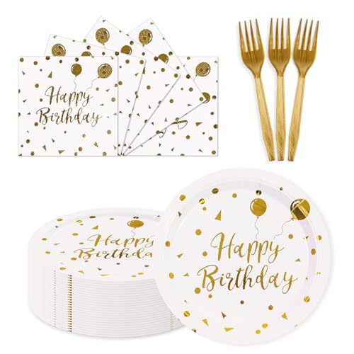 150PCS Happy Birthday Paper Plates and Napkins - 7 Inch White Gold Dot Paper Plates and 6.5 Inch Napkins with 6.3 Inch Gold Forks Disposable Tableware Set for Birthday Party Decorations, Serves 50 - color: White Gold, size: 7inch-150pcs