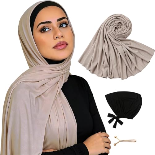 Hijab Scarf for Women, 3PCS Set with Undercap and Hijab Clip Lightweight Modal Muslim Head Wrap Scarf for Daily - color: Sy16-light Khika Hijab+black Undercap